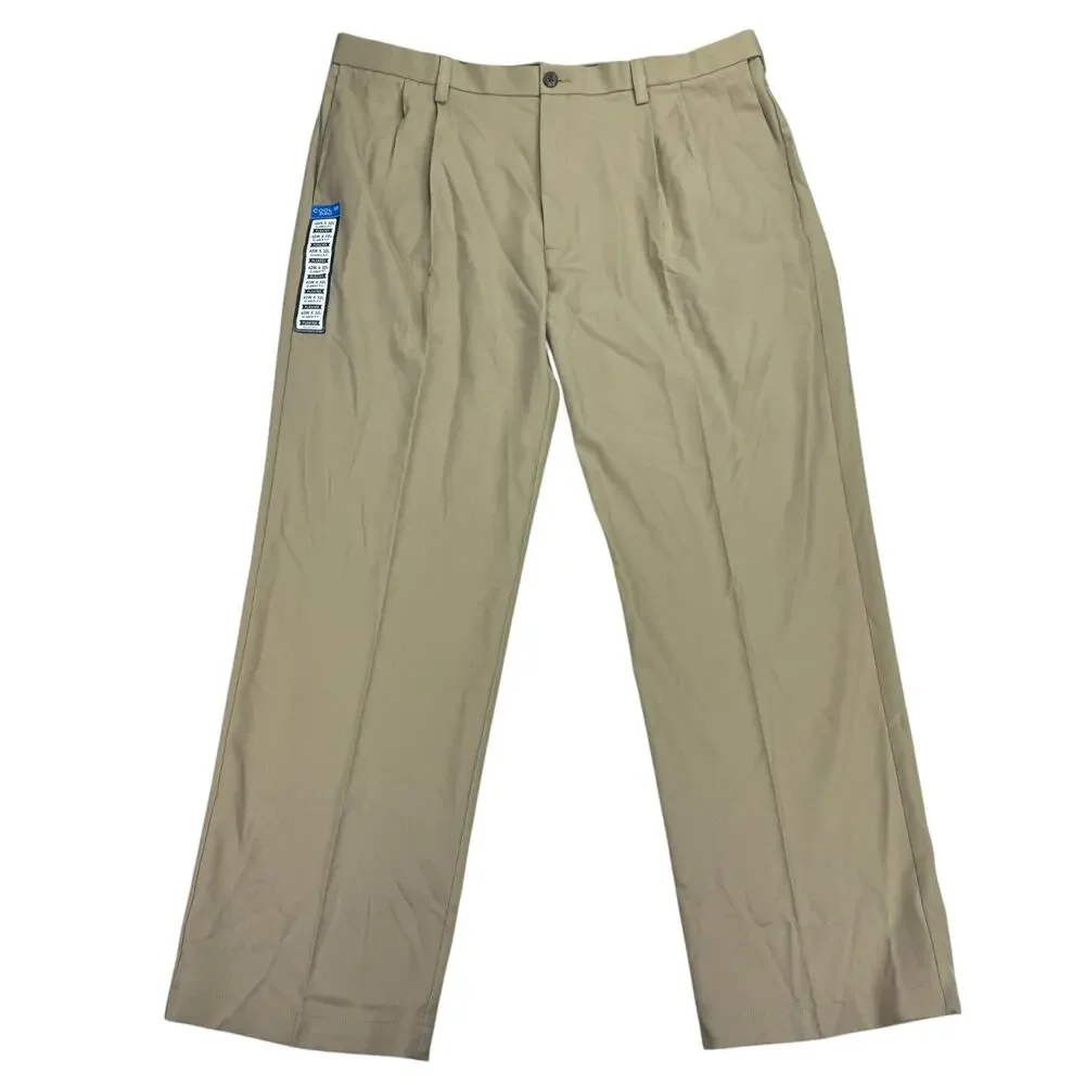 Haggar Mens Cool 18 Pro Classic Fit Pleated Stretch Dress Pants Khaki 42x32